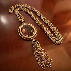 Avon Gold Tone Pendant Necklace with Purple Glass Oval Tassel and Pearl Accent